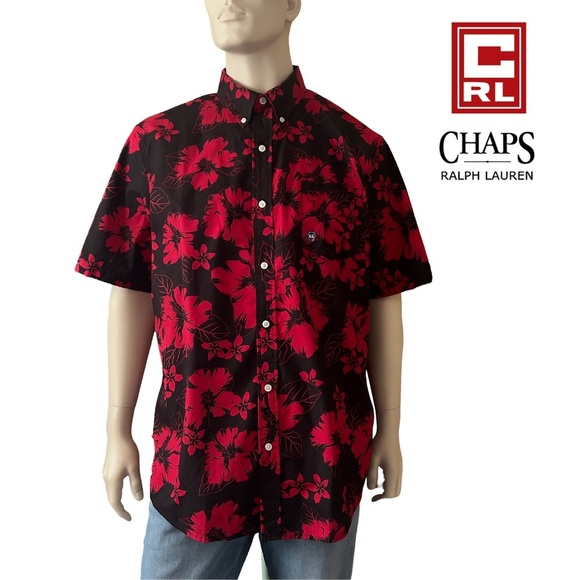 Chaps Easy Care Shirt Floral Hibiscus Tiki Hawaiian Button Front w/ Placket NWOT - Picture 1 of 16